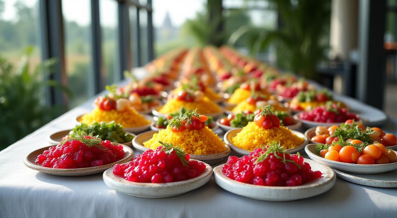Ein üppiges, farbenfrohes Catering-Buffet mit frischem Obst, Gemüse und Fingerfood